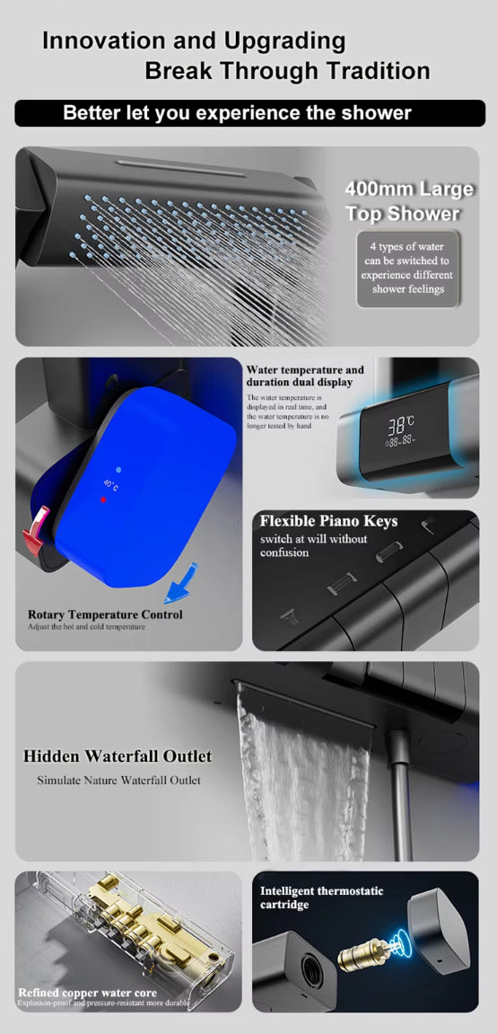 Modern LED Digital Display Thermostatic Piano Keys Shower Set